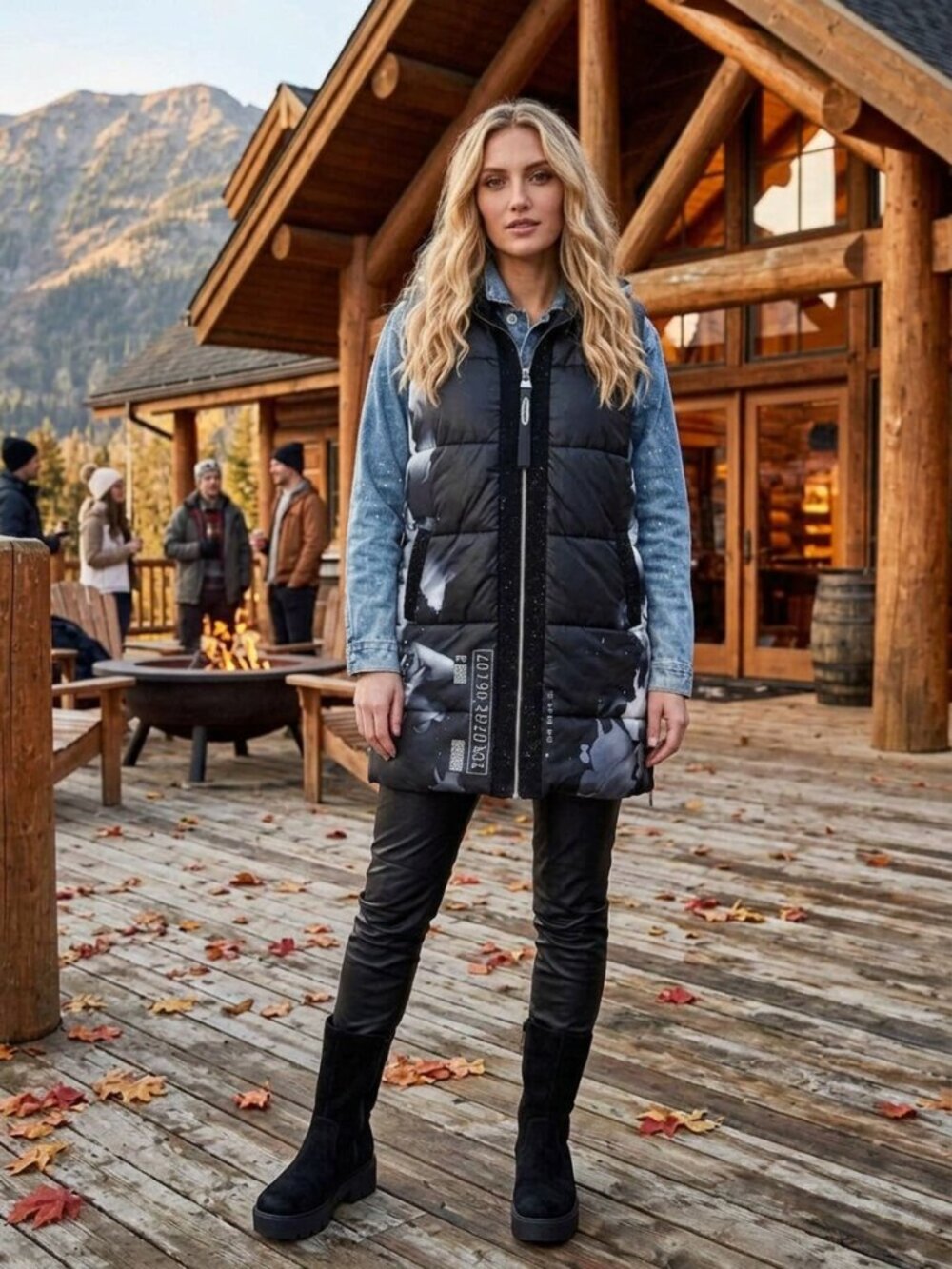 Black White Rose with Crystals Hooded Puffer Vest XL